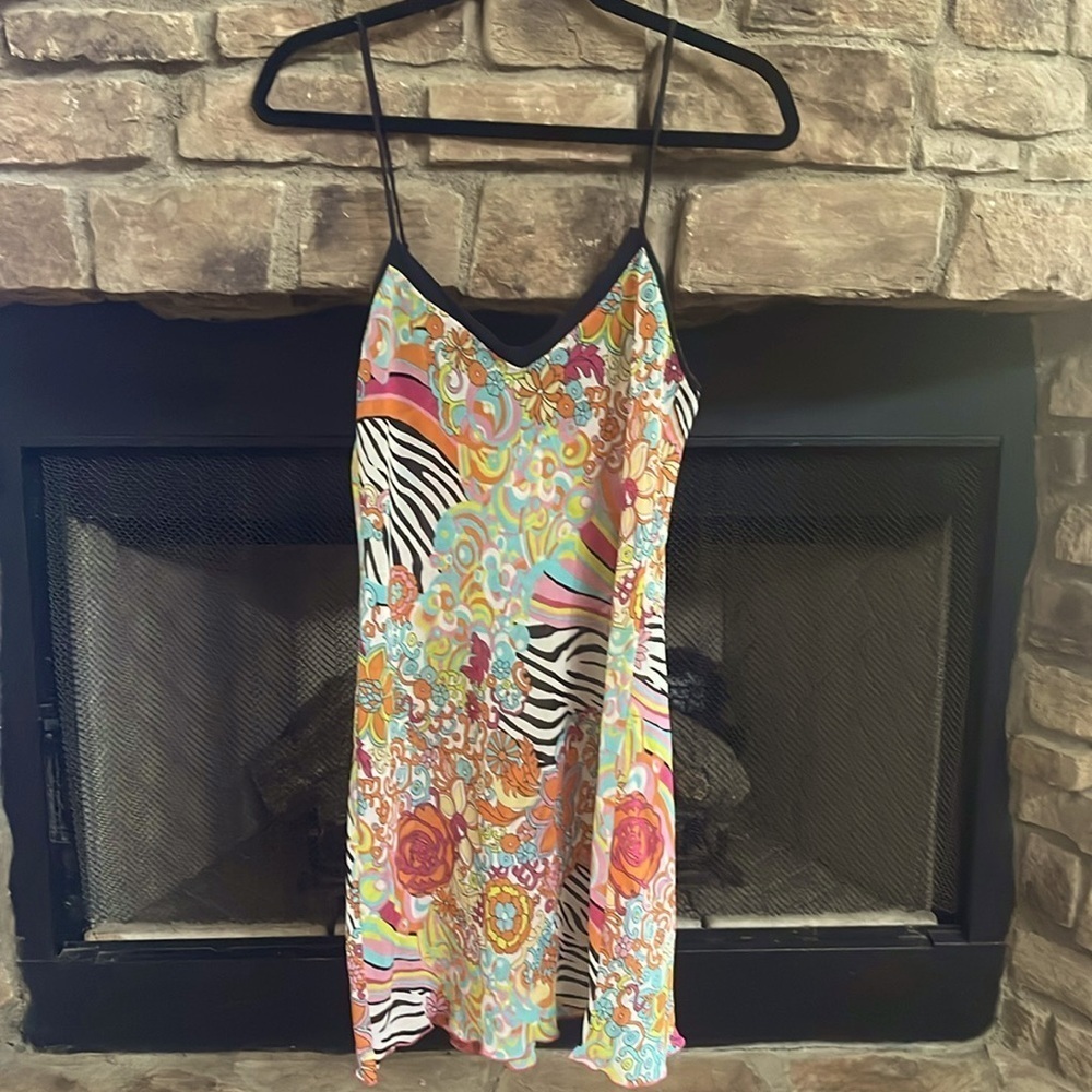 Natori orange, blue, green slightly see-through nightgown w/ adjustable straps.